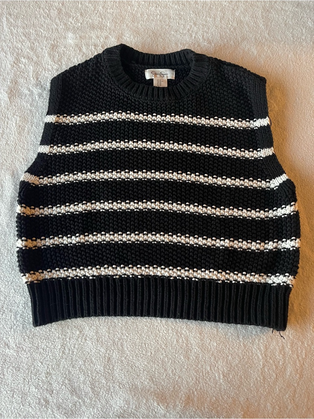 Jessica Simpson Black and White Striped Knit Crewneck Sleeveless Sweater Vest